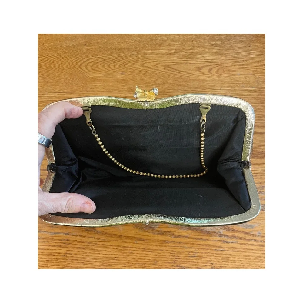 Vintage Gold Metallic Textured Frame Clutch Bag Rhinestone Bow Clasp Chain Strap